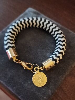 NWOT Black and White Braided Cord Bracelet with Gold Charm